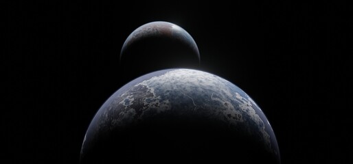 Panoramic space planets background. Panorama of distant solar system with exoplanets 3D rendering