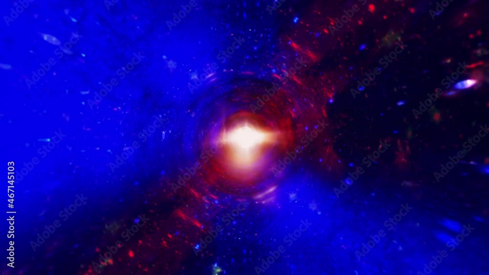 Wall mural abstract hyperspace tunnel through colorful vivid blue red space time vortex. 4k 3d loop sci-fi inte