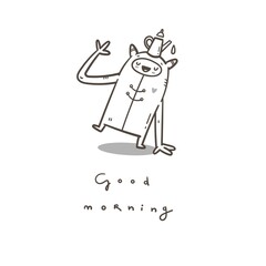 Card with  cute cartoon monster and  pot of coffee. Good morning wishes. Funny doodle creature print. Line art poster.