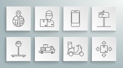 Set line Scale, Delivery man with cardboard boxes, truck, Scooter delivery, Cardboard traffic symbol, Mobile phone app tracking, Open mail and icon. Vector