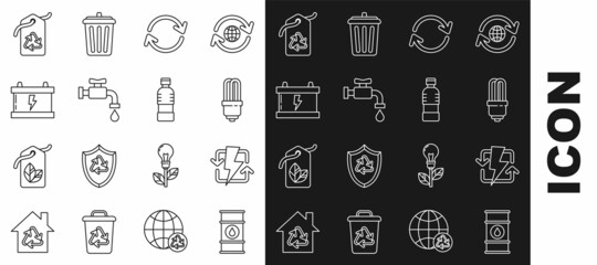 Set line Oil barrel line, Recharging, LED light bulb, Refresh, Water tap, Car battery, Tag with recycle symbol and Bottle of water icon. Vector
