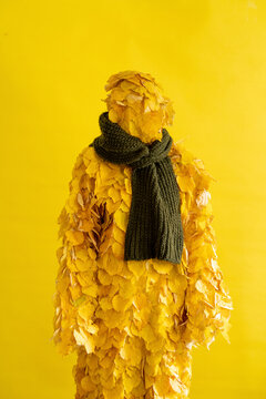 Woman wearing autumn leaf costume and scarf in front of yellow background