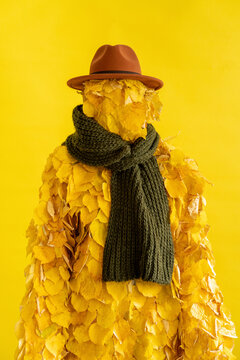 Woman with leaf costume wearing scarf and hat in front of yellow background