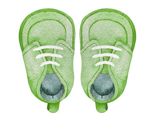 Watercolor green shoes for baby boy and girl with white laces top view.