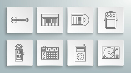 Set line Microphone, Music synthesizer, Drum machine, MP3 player, Vinyl with vinyl disk, Guitar pedal and Banjo icon. Vector