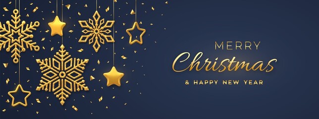 Christmas blue background with hanging shining golden snowflakes and 3D metallic stars. Merry christmas greeting card. Holiday Xmas and New Year poster, web banner. Vector Illustration.