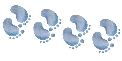 Watercolor hand drawn baby boy blue footprints isolated on white background. Its a boy illustration. Baby shower boy footprint