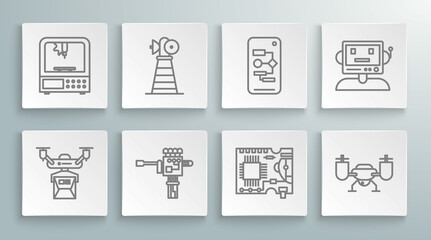 Set line Drone delivery concept, Antenna, Mechanical robot hand and screwdriver, Printed circuit board PCB, flying with action camera, Algorithm, Robot and 3D printer icon. Vector