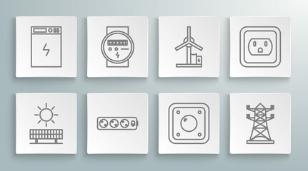 Set line Solar energy panel and sun, Electric meter, extension cord, light switch, High voltage power pole line, Wind turbine, Electrical outlet the USA and Power bank icon. Vector