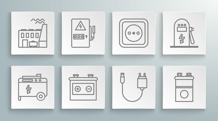 Set line Portable power electric generator, Electrical panel, Car battery, Charger, outlet, car charging station and Coal plant and factory icon. Vector