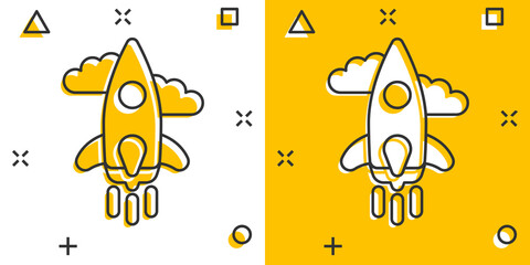 Rocket icon in comic style. Spaceship launch cartoon vector illustration on white isolated background. Sputnik splash effect business concept.