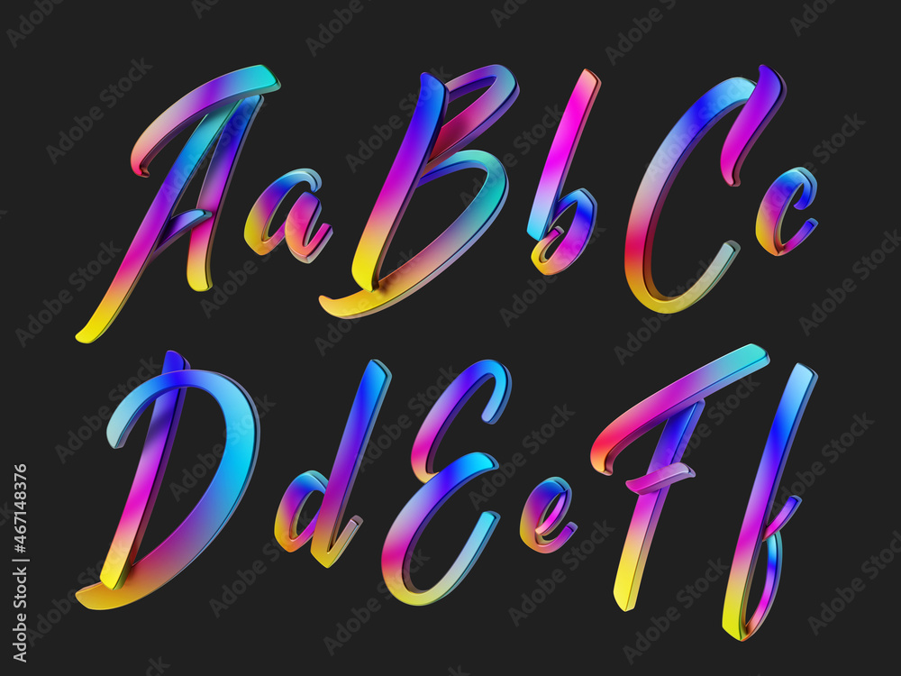 Sticker 3d render of colorful calligraphic font set.