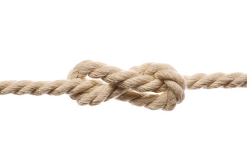 Fototapeta na wymiar Cotton rope with knot on white background