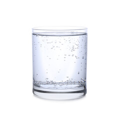 Glass of pure water on white background