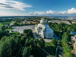 Panoramic top view of the Naval Cathedral of St. Nicholas the Wonderworker in Kronstadt. Anchor area. Kotlin Island.