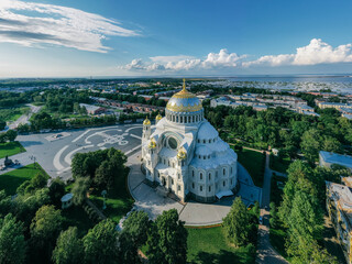 Panoramic top view of the Naval Cathedral of St. Nicholas the Wonderworker in Kronstadt. Anchor area. Kotlin Island.