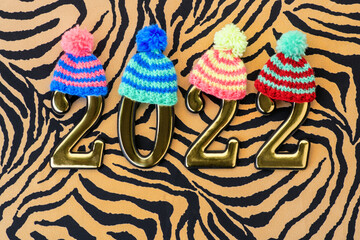 Number 2022 on Tiger Cloth with multi-colored knitted hats,  flat lay. Symbol 2022 Tiger