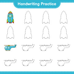 Handwriting practice. Tracing lines of Rocket and Helicopter. Educational children game, printable worksheet, vector illustration