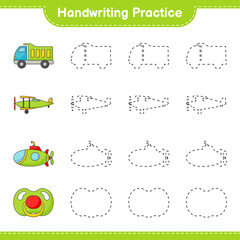 Handwriting practice. Tracing lines of Lorry, Plane, Submarine, and Pacifier. Educational children game