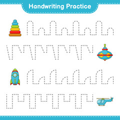 Handwriting practice. Tracing lines of Pyramid Toy, Whirligig Toy, Rocket, and Helicopter. Educational children game