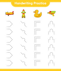Handwriting practice. Tracing lines of Plane, Rocket, Rubber Duck, and Water Gun. Educational children game