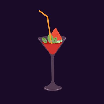 Alcohol drink in cocktail glass. Red watermelon mojito with straw and tropical fruit piece and mint leaves for decor. Cold summer refreshing beverage with gin and juice. Flat vector illustration