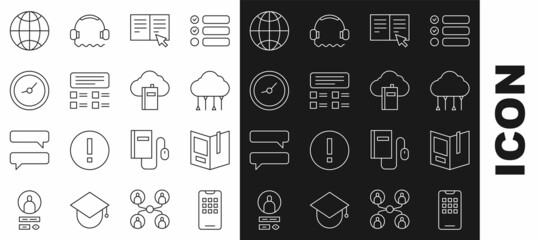 Set line Mobile phone, Open book, Network cloud connection, Online, quiz, test, survey, Clock, Social network and Cloud online library icon. Vector