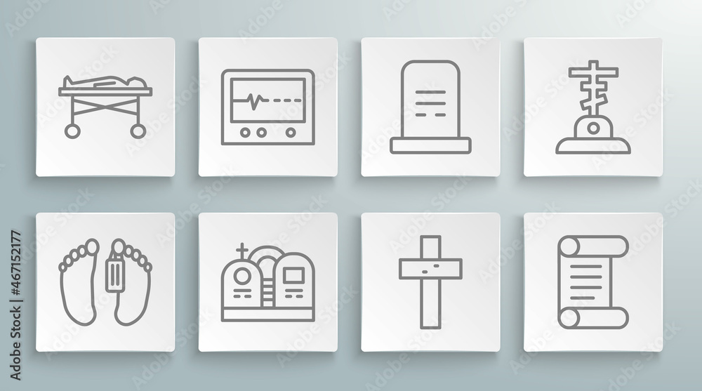 Sticker Set line Dead body, Beat dead in monitor, Grave with tombstone, Christian cross, Decree, parchment, scroll, and the morgue icon. Vector