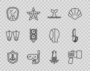 Set line Anchor inside shield, Flashlight, Whale tail ocean wave, Diving mask and snorkel, Gauge scale, Octopus and Knife icon. Vector