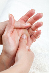 Obraz na płótnie Canvas Hand palm massage, peeling or moisturizing procedure