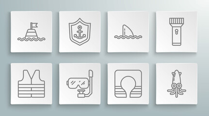 Set line Life jacket, Anchor inside shield, Diving mask and snorkel, Octopus, Shark fin ocean wave, Flashlight and Floating buoy on the sea icon. Vector