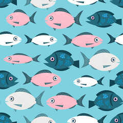 Seamless creative print of floating fish on a turquoise blue background. Cute pattern with carp, perch in a hand-drawn style. Marine ocean wallpaper, template for fabric, interior design... Vector 