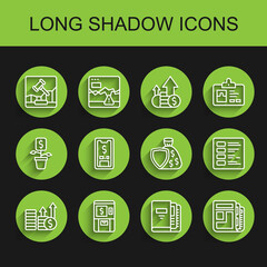 Set line Financial growth and dollar, ATM money, Online internet auction, Office folders, Stock market news, Mobile with, Business finance report and Shield bag icon. Vector