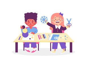 Children at table making paper crafts, flat vector illustration isolated.