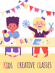 Kids creative classes advertising banner or card flat vector illustration.
