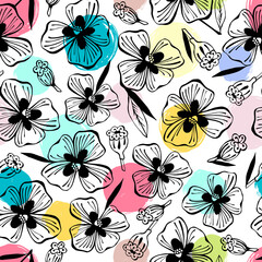 Vector seamless pattern with hand drawn flowers.
