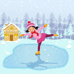 Cute little girl wearing warm winter clothes ice skating outdoor on frozen pool in the snowy landscape background.