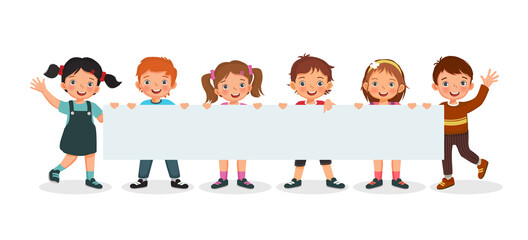 Group of children holding a long empty banner or poster. Vector of boys and girls showing placard with empty space templates for text, banner, ads.