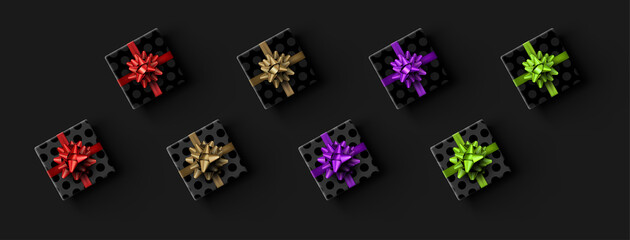 Black realistic wrapped gift boxes with bows.
