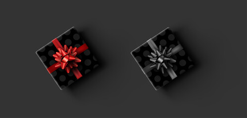 Set of polka-dot gift boxes with beautiful bow.
