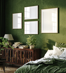 Mockup frame in dark green bedroom interior background, 3d render
