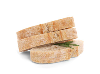 Cut ciabatta with rosemary on white background. Fresh bread