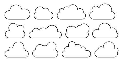 Set of vector linear clouds isolated on white. Cloud icons