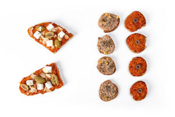 Sandwiches and appetizers on white background. Catering food. Top view.