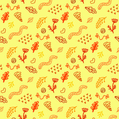 Seamless pattern in warm autumn colors with botanical decoration