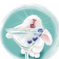 white rabbit drinking cocktail from a martini glass bar drink with berries animal