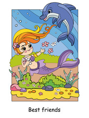 Cute mermaid swims with a dolphin colorful illustration