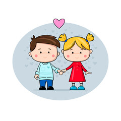 Couple in love. Cute cartoon characters surrounded by hearts. Symbol of Valentine's Day. Childish style. 
