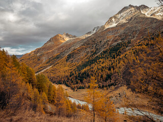 Amazing views over an high alpine valley and snow covered mountains. Orange and yellow coloured autumn and fall trees line the valley sides as the peaks rise above the clouds in this wilderness.