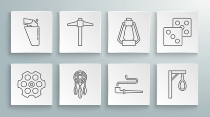 Fototapeta premium Set line Revolver cylinder, Pickaxe, Dream catcher with feathers, Smoking pipe, Gallows, Camping lantern, Game dice and gun holster icon. Vector